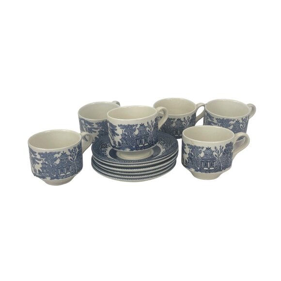 Churchill Ironstone Vintage Blue & White Willow Pattern Cups With Saucers Set Of - Picture 5 of 11
